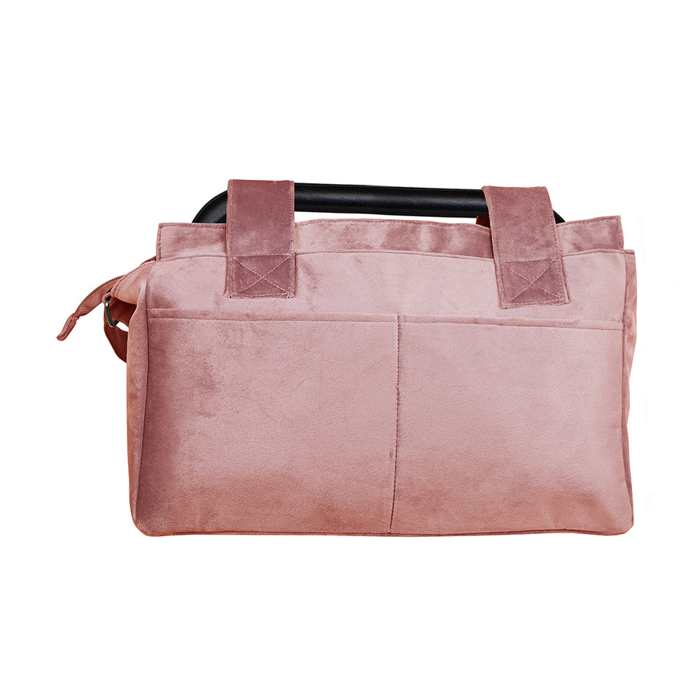 Rosa Wickeltasche aus Samt mit schwarzem Griff und Reißverschluss