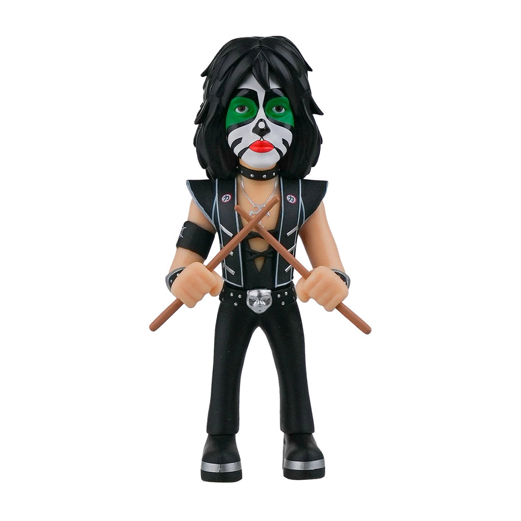 Kiss Peter Criss Actionfigur mit Schlagzeugstoecken und schwarz weissem Make up