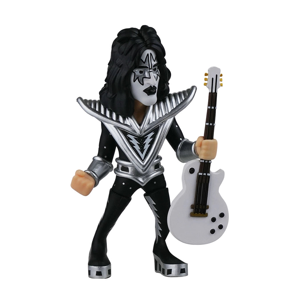 Kiss Actionfigur mit schwarz-weißem Make-up und weißer E-Gitarre