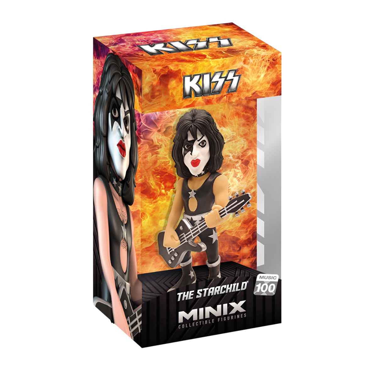 Minix Sammelfigur von The Starchild mit Gitarre in einer Box mit Flammenhintergrund