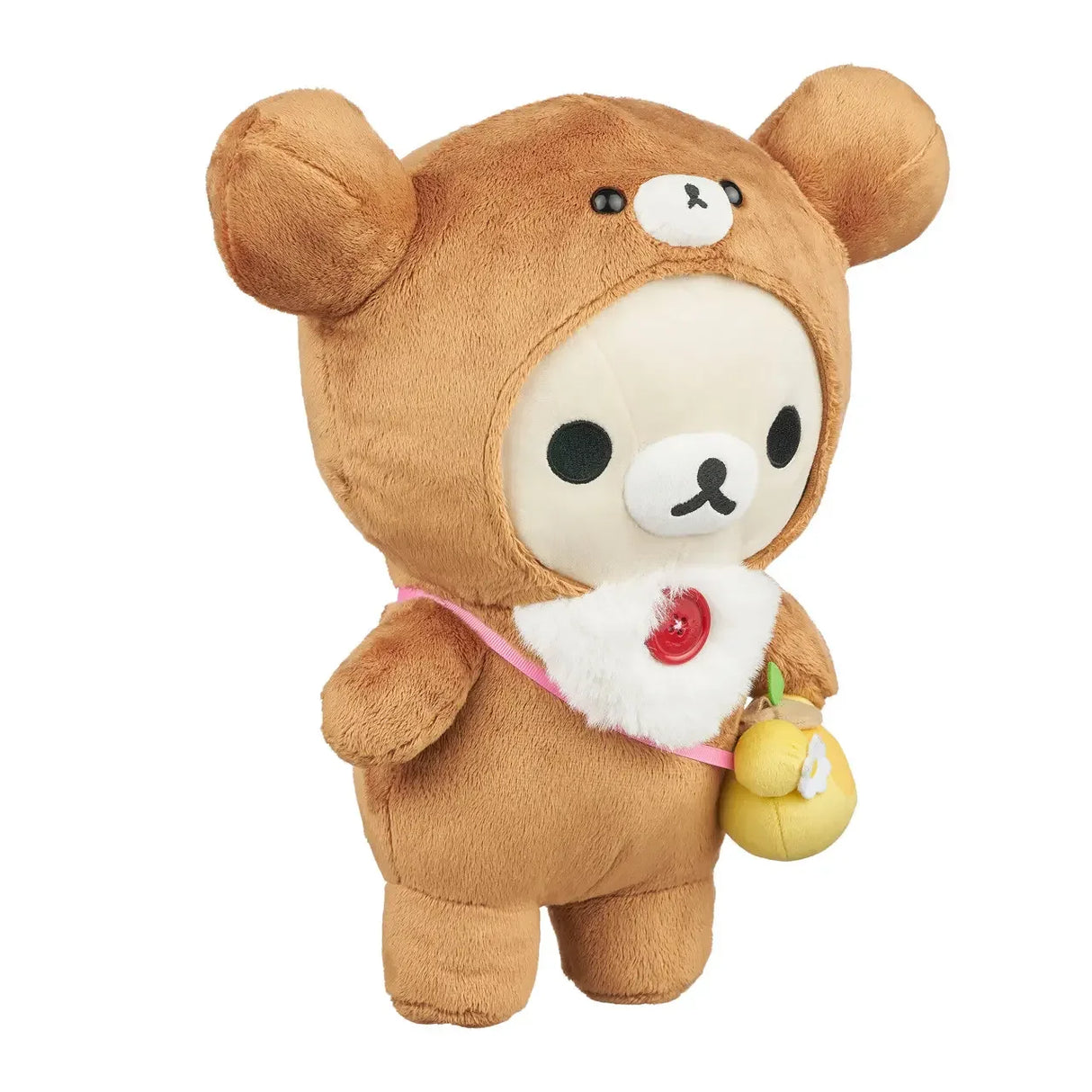 Rilakkuma Plüschtier im Bärenkostüm mit rotem Knopf und gelber Tasche