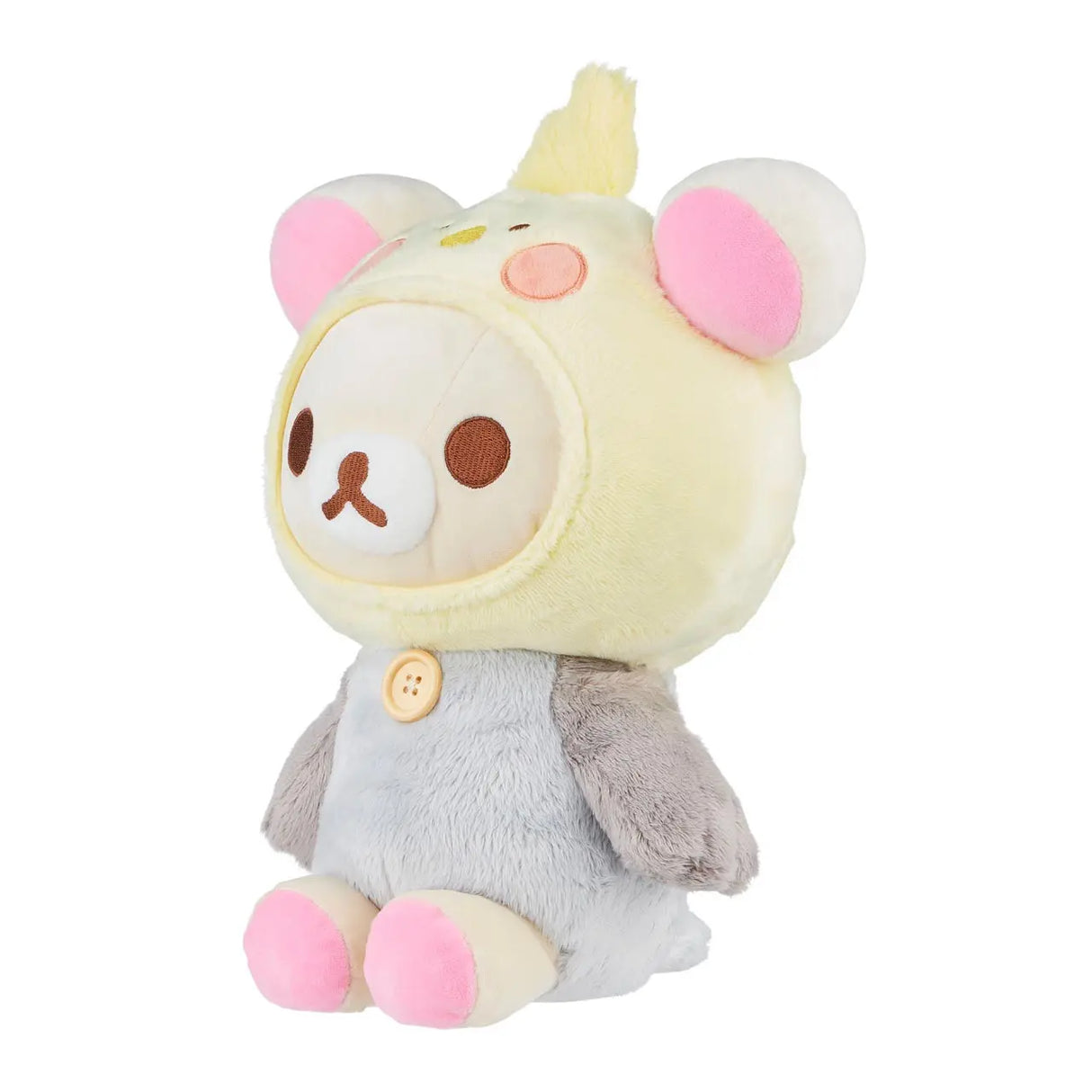 Rilakkuma Plüschtier im gelben Kükenkostüm mit rosa Ohren und Füßen