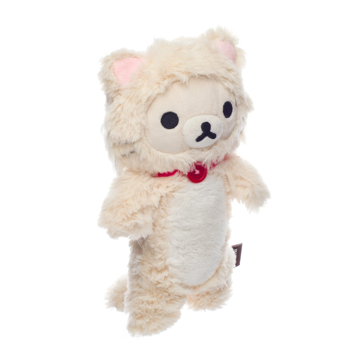 Rilakkuma Plüschtier im cremefarbenen Katzenkostüm mit roten Knöpfen