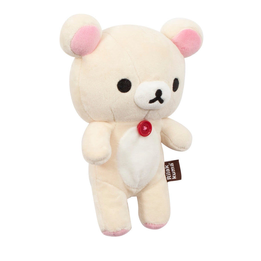Korilakkuma Plüschtier mit rotem Knopf auf der Brust