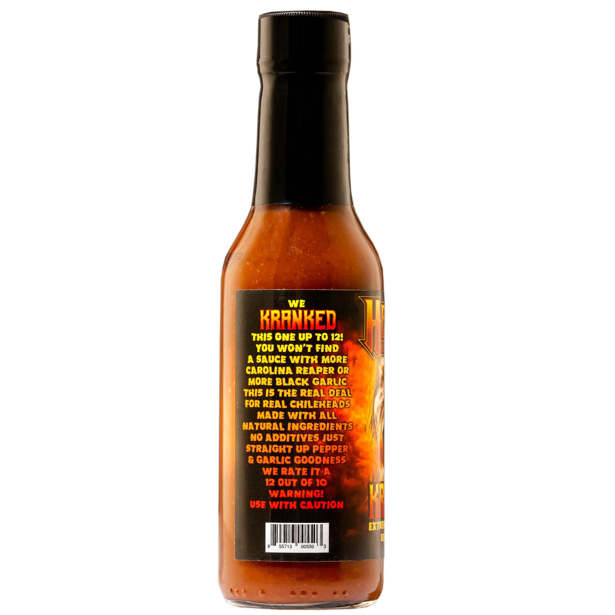 Rückseite der We Kranked Hot Sauce Flasche mit schwarzem Deckel und Etikett mit Produktinformationen