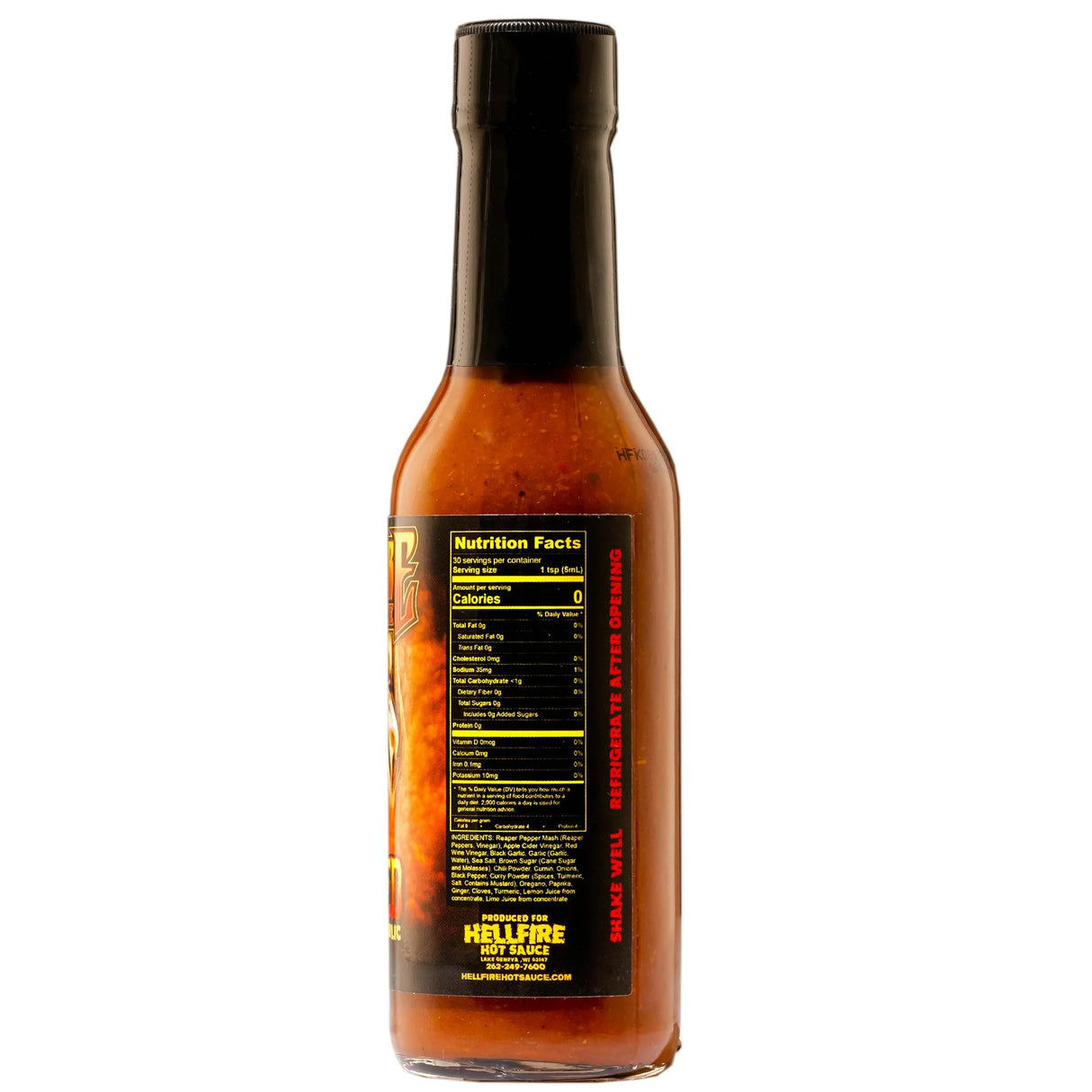 Rückseite der Hellfire Hot Sauce Flasche mit Nährwertangaben und Zutatenliste
