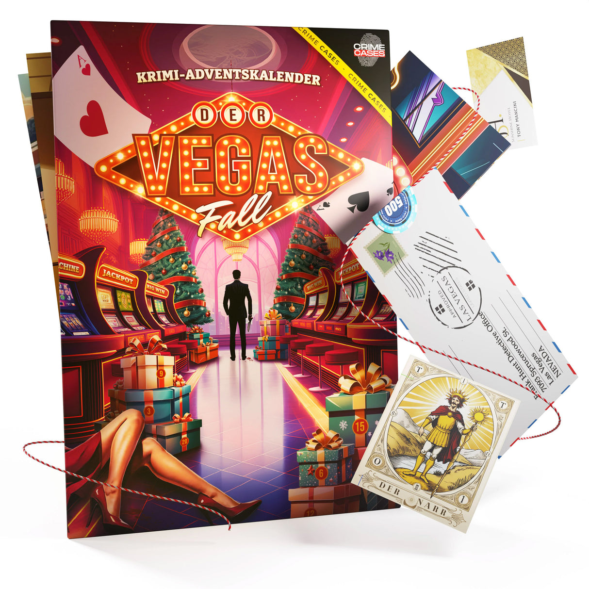 Krimi-Adventskalender Der Vegas Fall mit Spielkarten, Umschlag und Geschenken