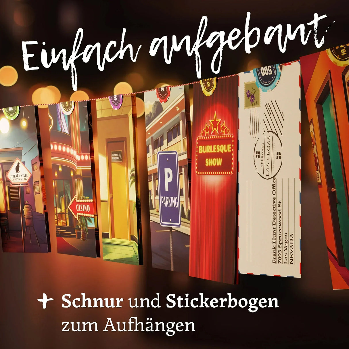 Sechs illustrierte Karten hÀngen an einer Schnur, die verschiedene Orte in Las Vegas zeigen