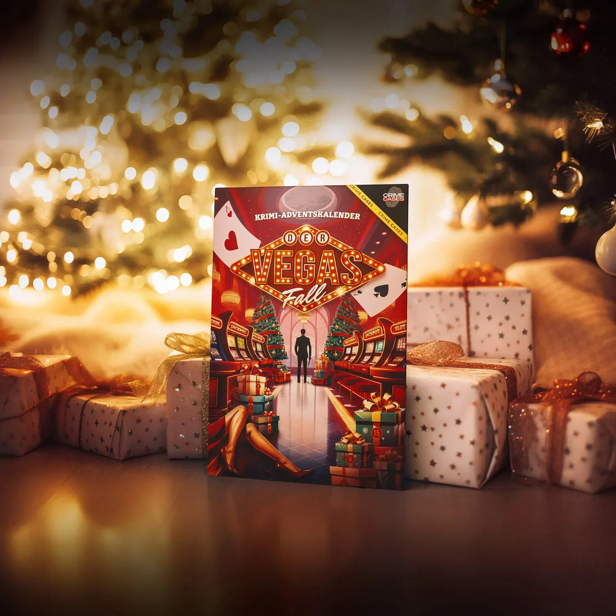 Krimi-Adventskalender Der Vegas Fall vor einem Weihnachtsbaum und Geschenken