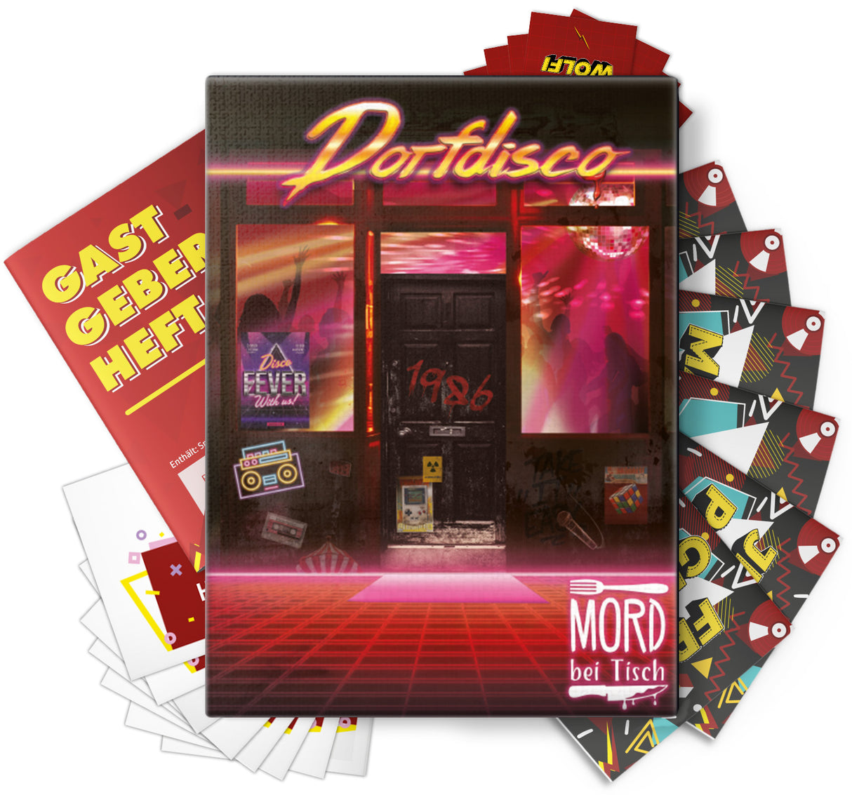 Spielschachtel und Spielmaterial des Krimispiels Dorfdisco im 80er Jahre Design