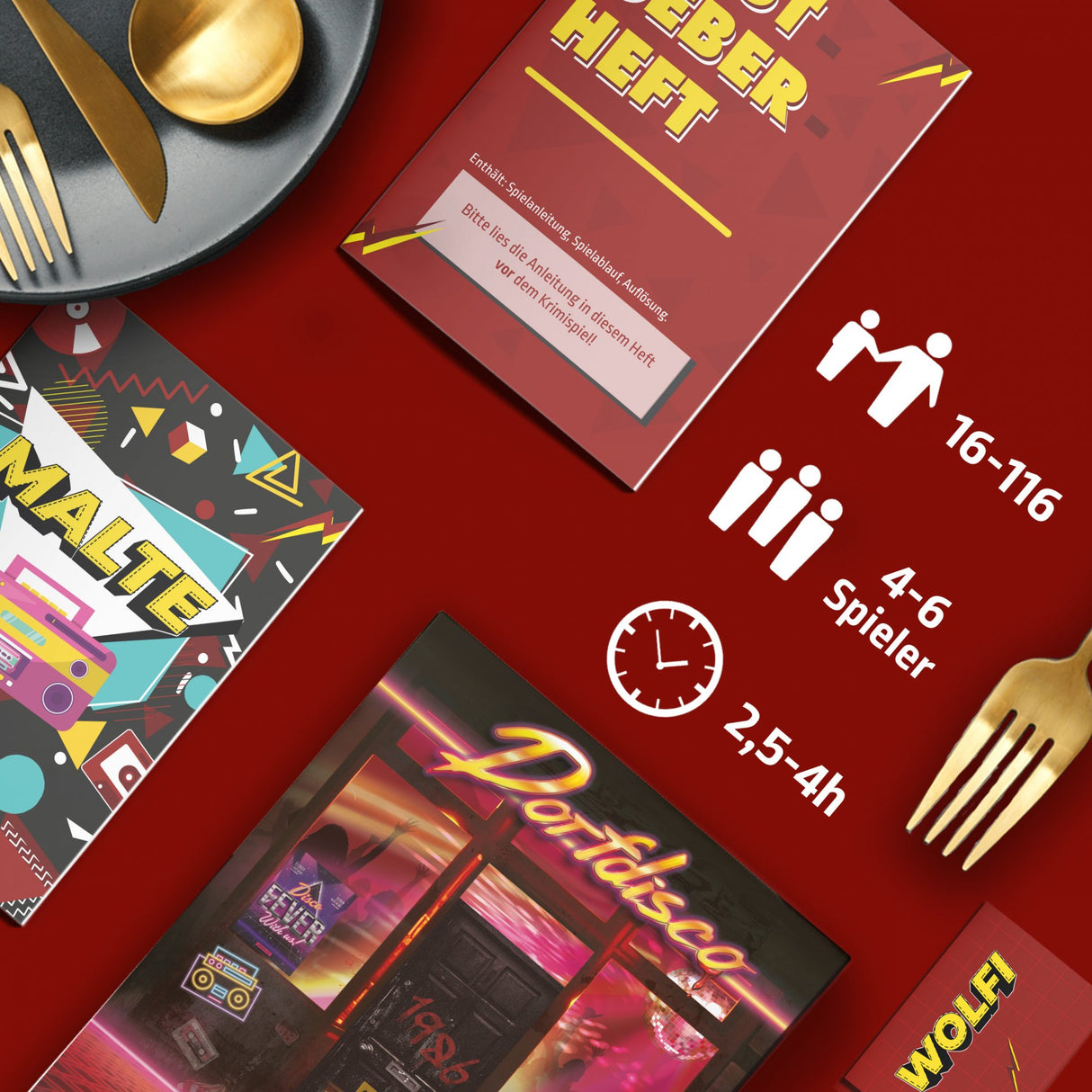 Krimispiel Set mit Spielheft, Charakterkarten, Besteck und Icons für Spieleranzahl, Alter und Spieldauer