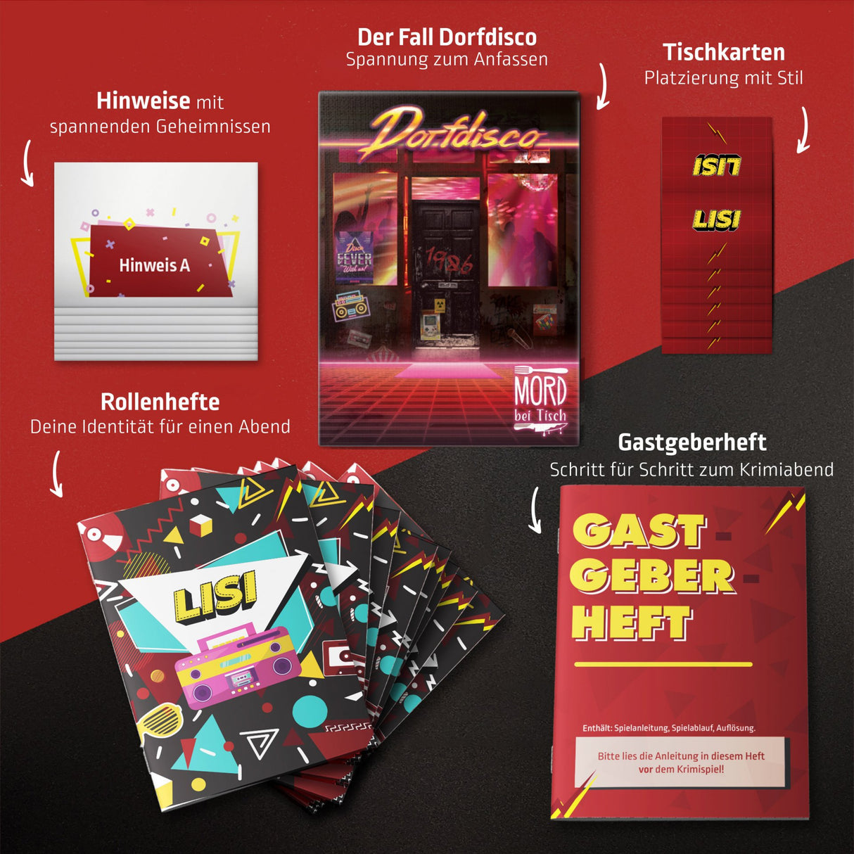Spielmaterial des Krimispiels Dorfdisco mit Hinweisen Rollenheften Tischkarten und Gastgeberheft