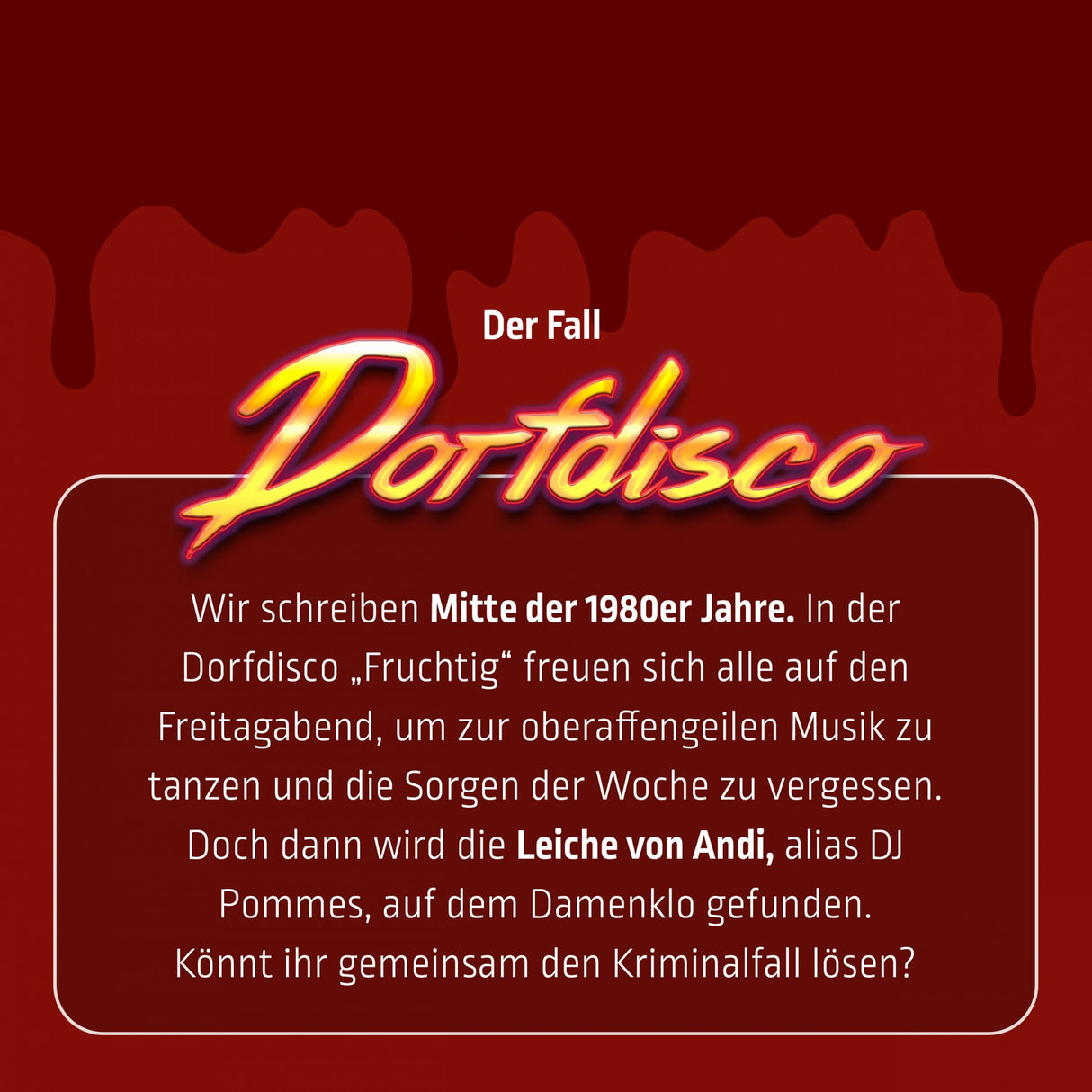 Textgrafik zum Krimispiel Der Fall Dorfdisco mit Informationen zur Handlung in den 1980er Jahren