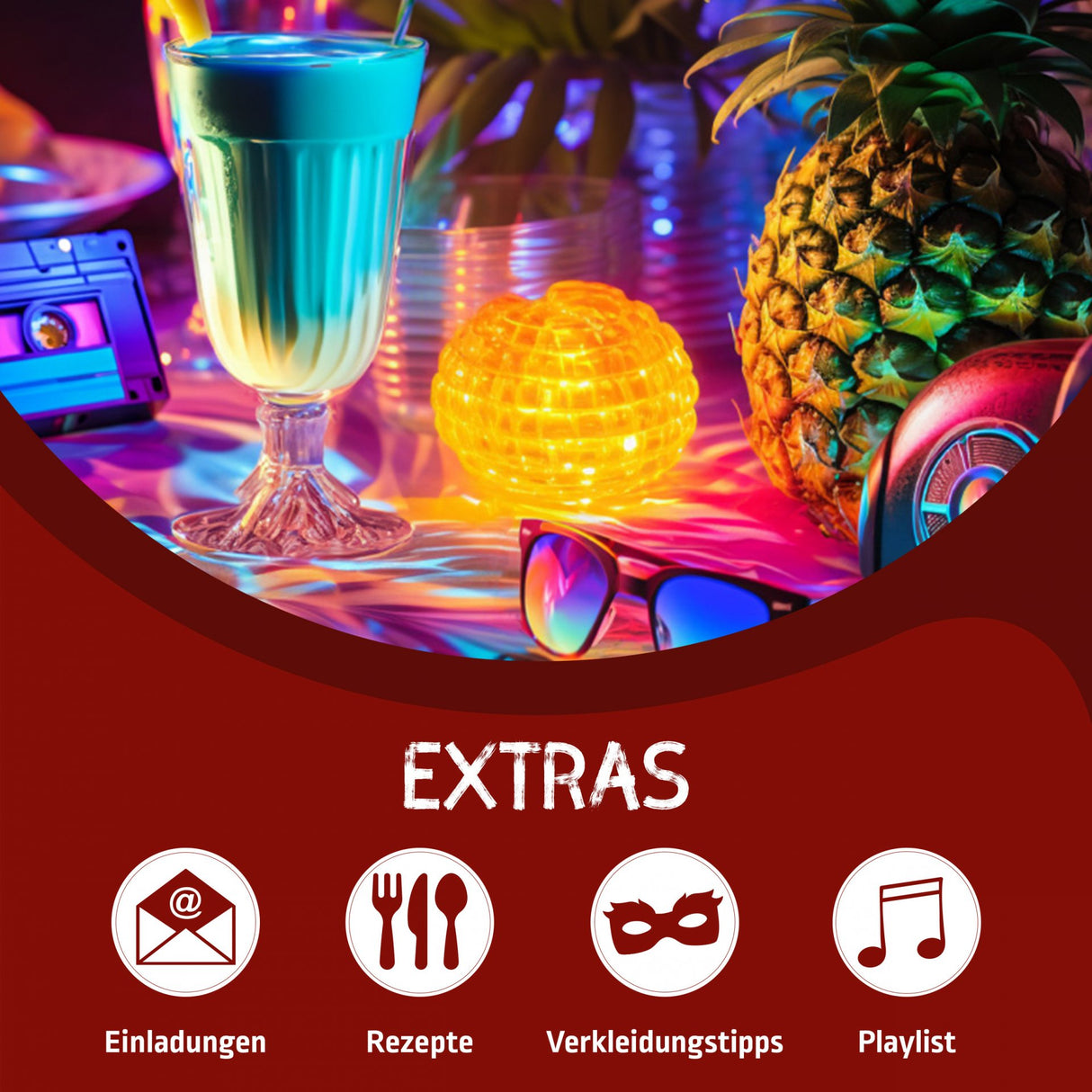 Party Extras mit Symbolen für Einladungen Rezepte Verkleidungstipps und Playlist