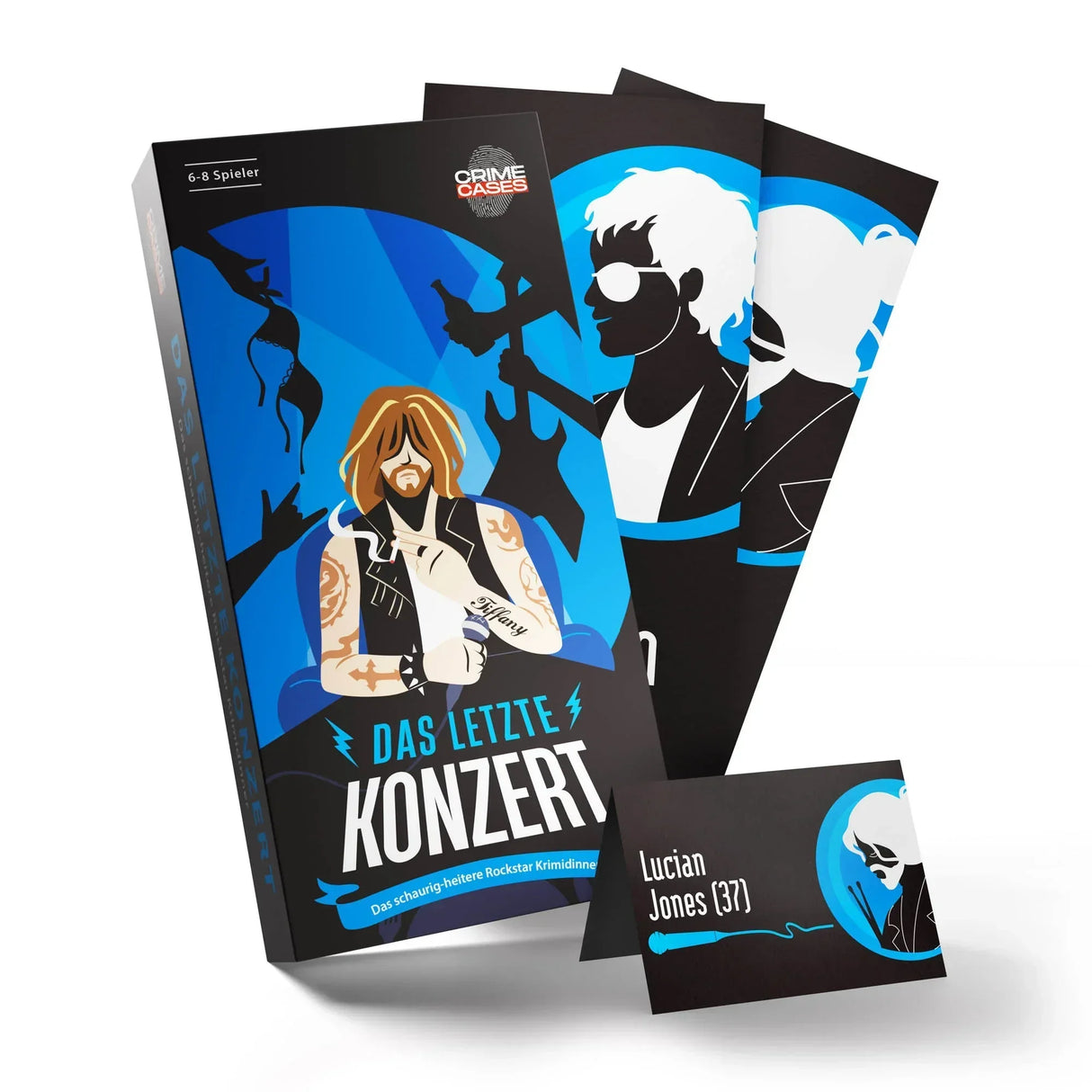 Spielschachtel und Karten des Krimispiels Das letzte Konzert mit Illustrationen von Rockmusikern