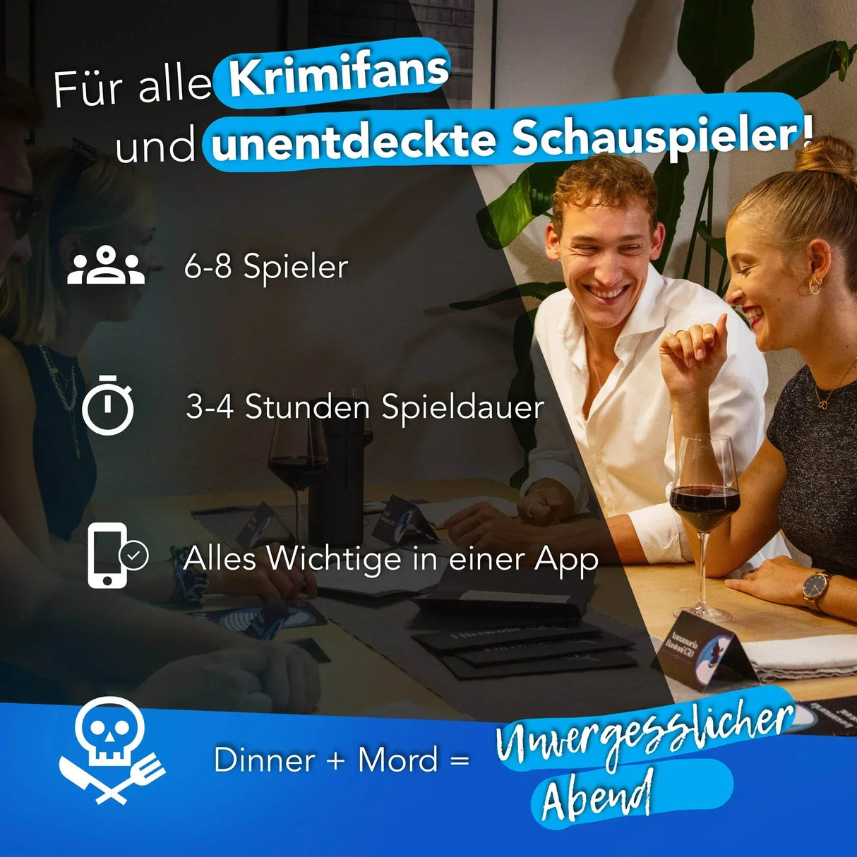 Infografik zu einem Krimidinner Spiel mit Angaben zu Spieleranzahl Spieldauer und App Nutzung