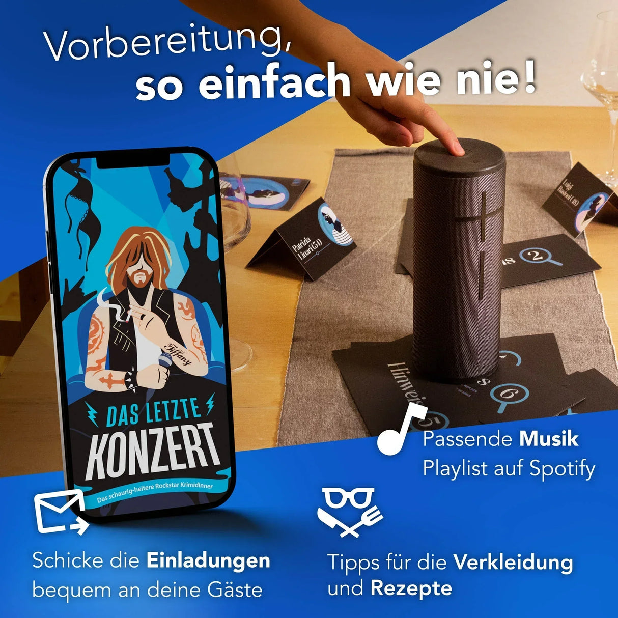 Smartphone mit Krimidinner App neben einem Bluetooth Lautsprecher und Spielkarten auf einem Tisch