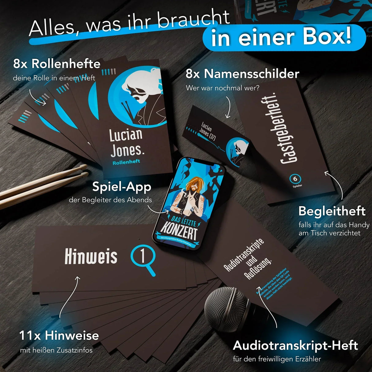 Inhalt eines Krimidinner Spiels mit Rollenheften Namensschildern Begleitheft Hinweiskarten und Smartphone App