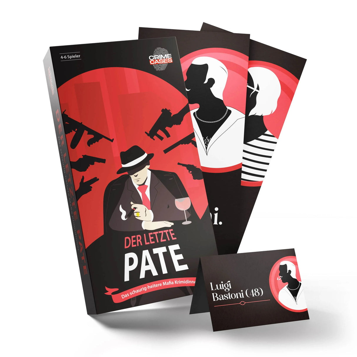 Spielschachtel und Charakterkarten des Krimispiels Der letzte Pate mit Mafia Illustrationen