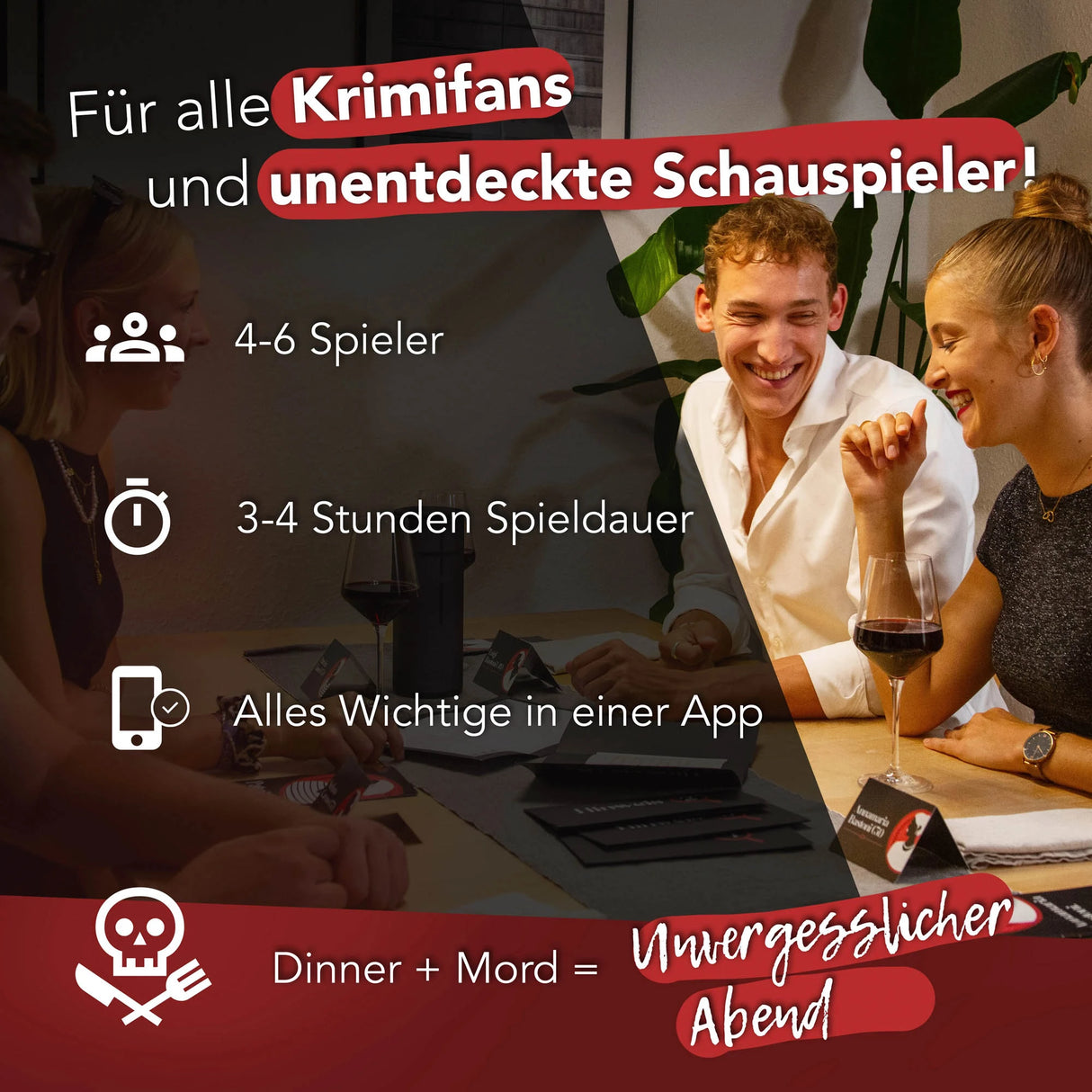 Infografik zu einem Krimidinner Spiel mit Angaben zu Spieleranzahl Spieldauer App Nutzung und Spielkonzept