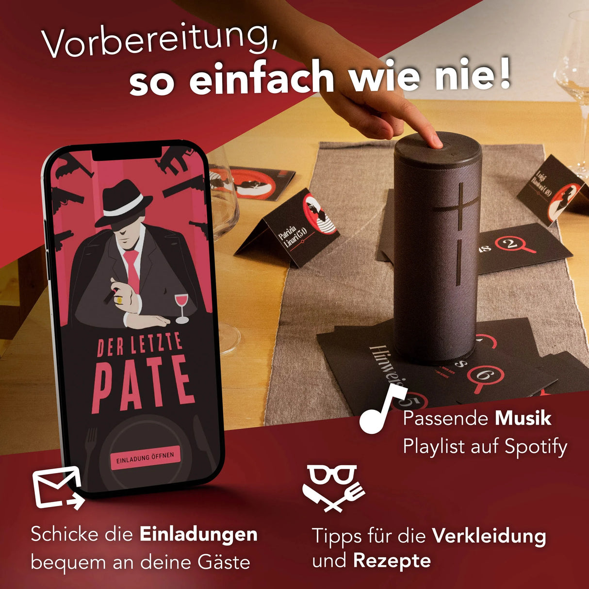 Smartphone mit Krimidinner App neben einem Lautsprecher und Spielkarten auf einem Tisch