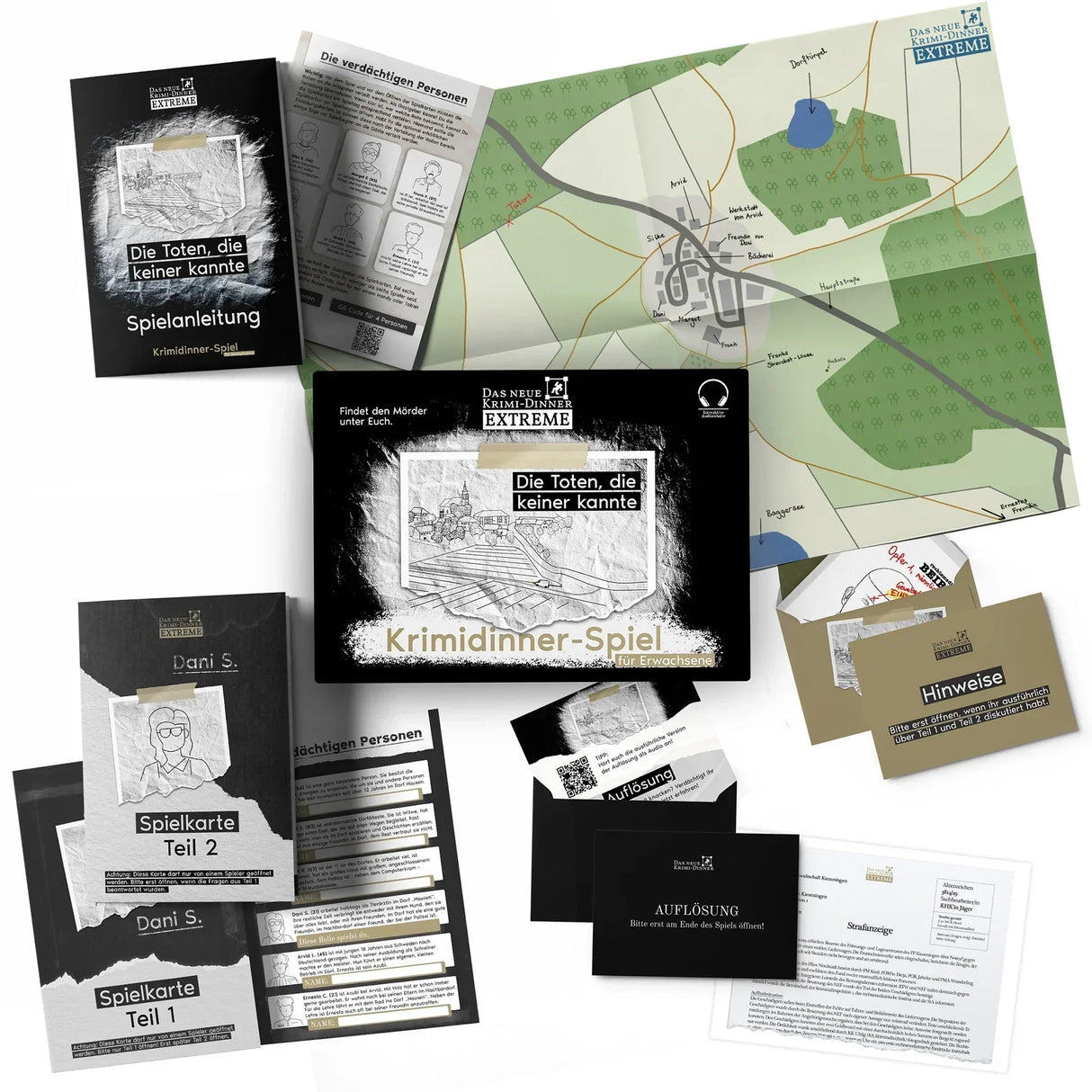 Spielmaterial des Krimidinner Spiels mit Spielanleitung, Spielkarten, Lageplan und Hinweisen