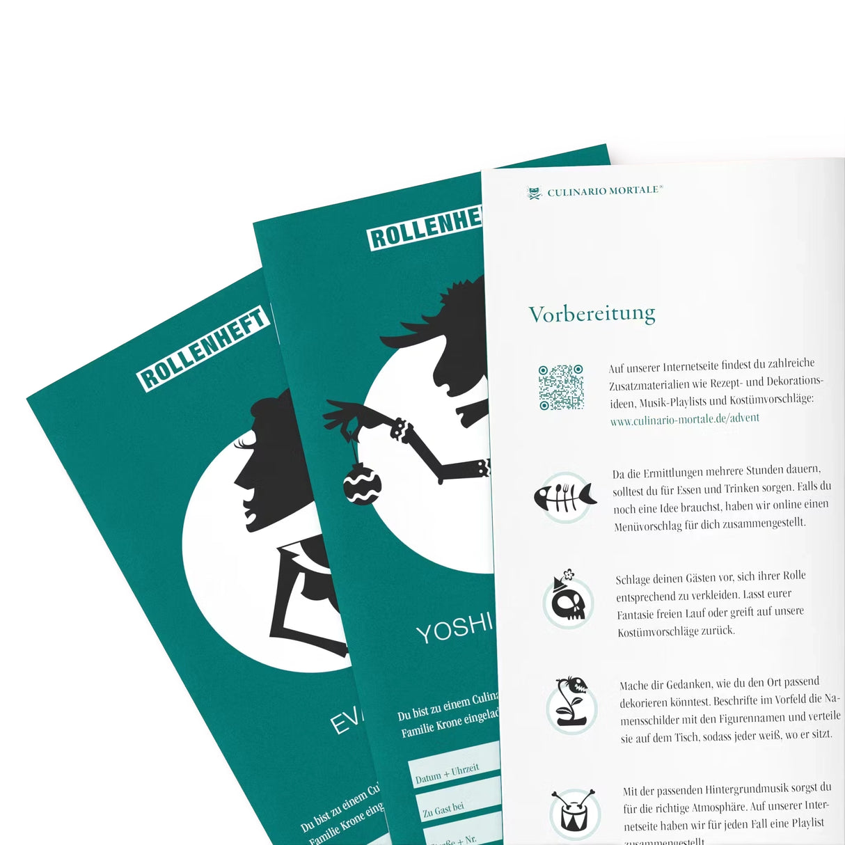 Drei Rollenhefte von Culinario Mortale mit Vorbereitungshinweisen und Icons