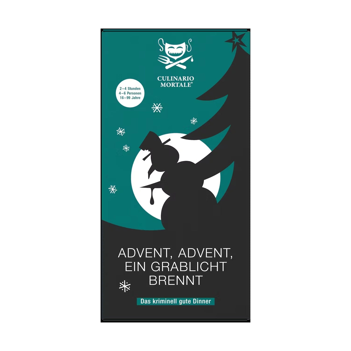 Spielschachtel Culinario Mortale Advent Advent ein Grablicht brennt mit Schneemann und Tannenbaum Silhouette