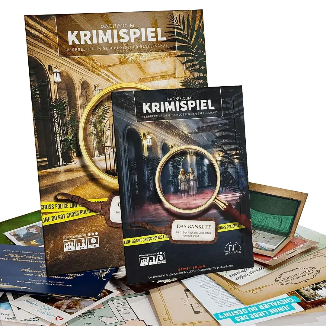 Zwei Krimispiel-Boxen mit Lupe und Spielmaterial