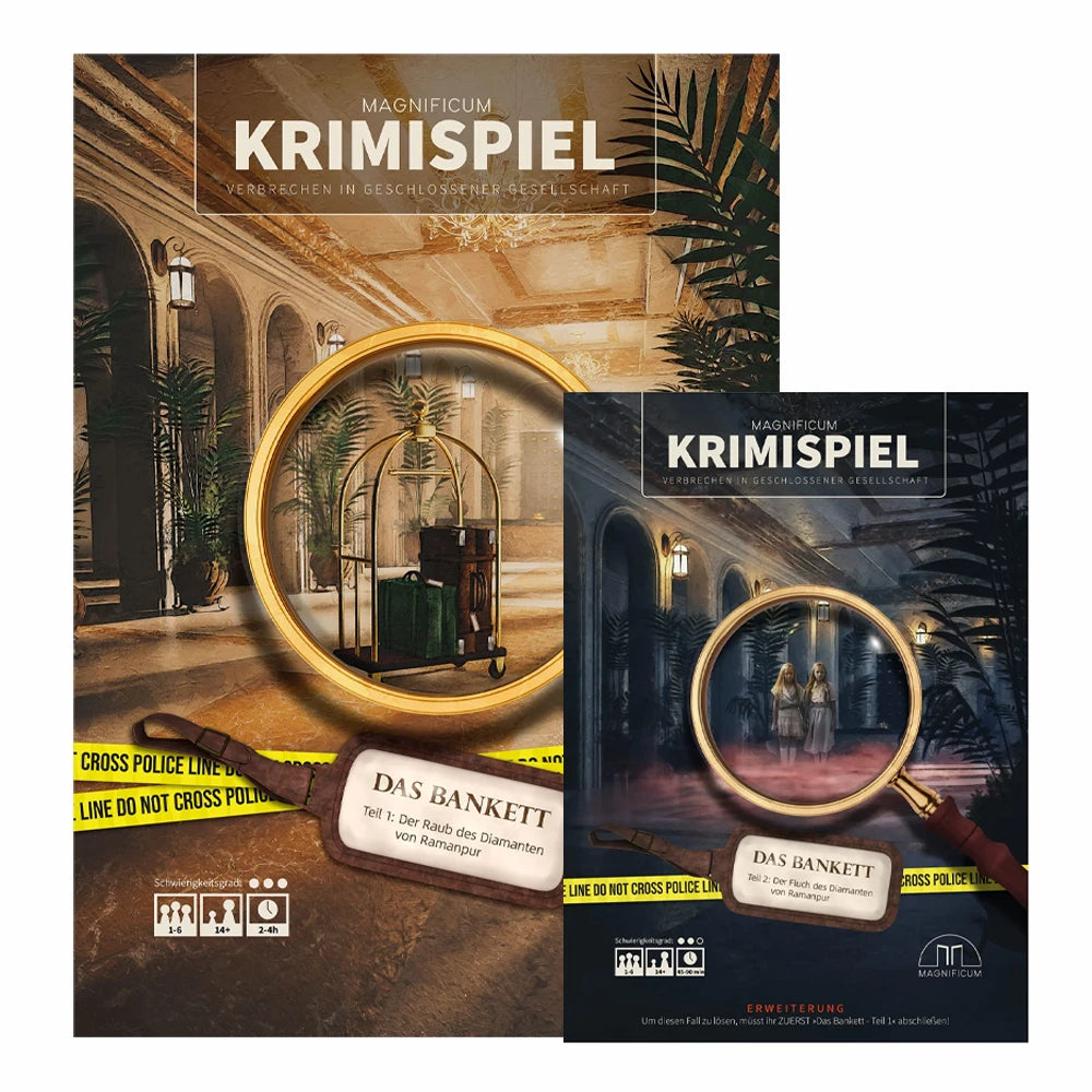 Zwei Krimispiel-Boxen mit Lupe, die einen Gepäckwagen und zwei Frauen zeigt