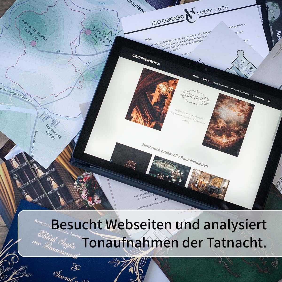 Tablet zeigt Website von Greifenroda, umgeben von Dokumenten und einer Karte