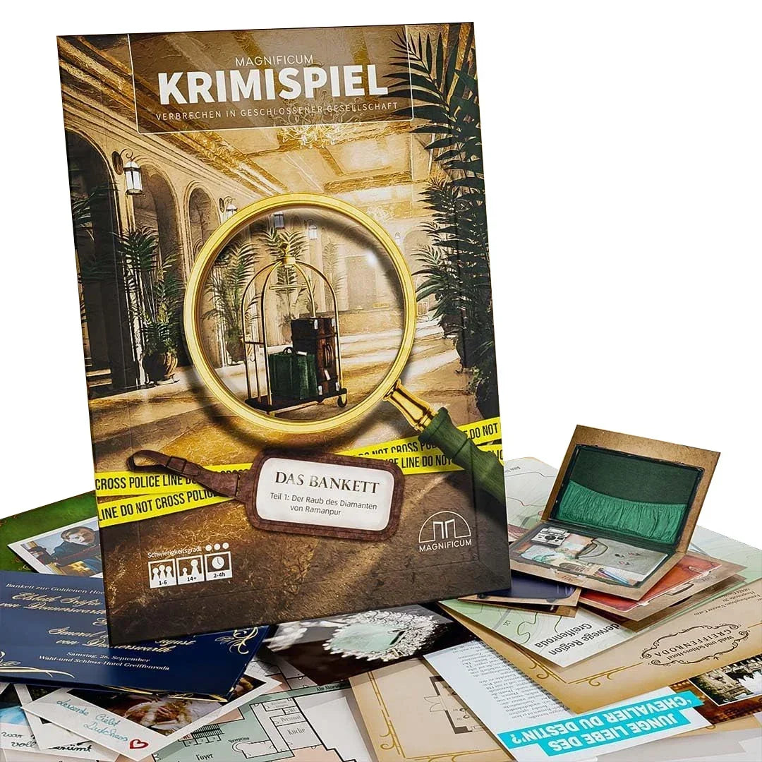 Krimispiel Brettspiel mit Lupe und Gepäckwagen auf dem Cover, umgeben von Spielkarten und Hinweisen