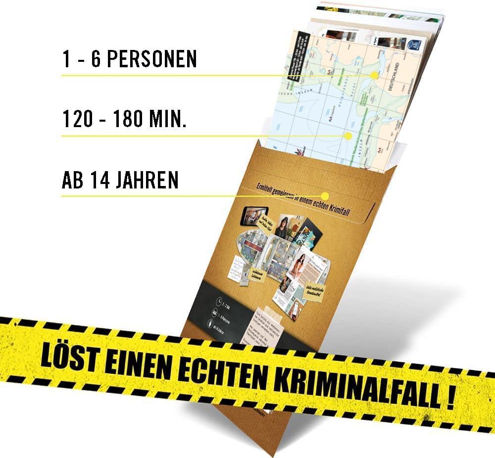 Krimispiel mit Spielinformationen zu Spieleranzahl Dauer und Altersempfehlung