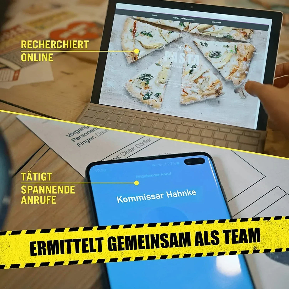 Tablet mit Website und Smartphone mit eingehendem Anruf von Kommissar Hahnke auf einem Schreibtisch