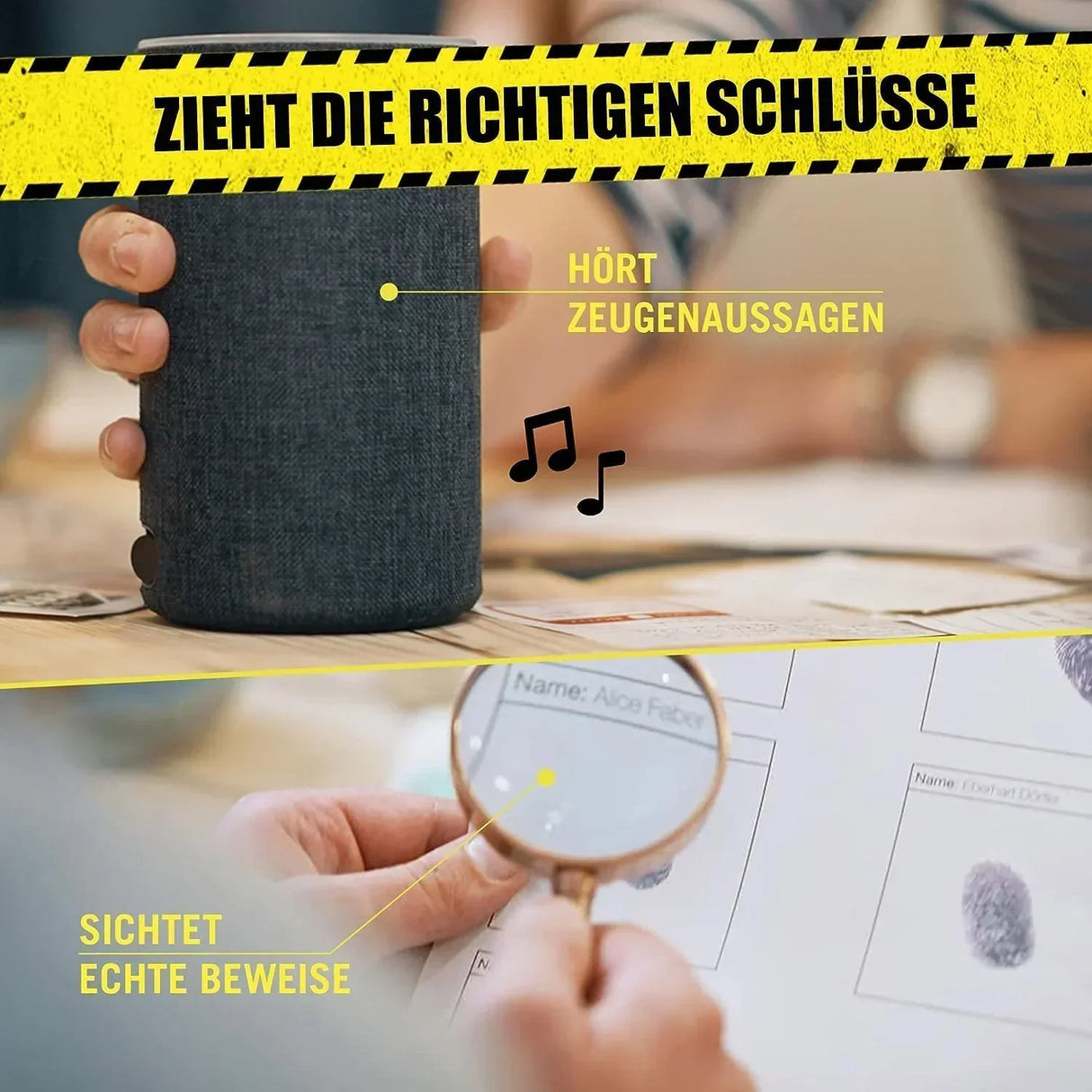 Smart Speaker und Lupe bei der Untersuchung von Beweismitteln