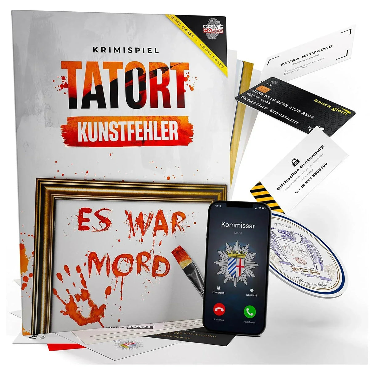 Spielschachtel Krimispiel Tatort Kunstfehler mit Spielmaterial wie Visitenkarten und Smartphone
