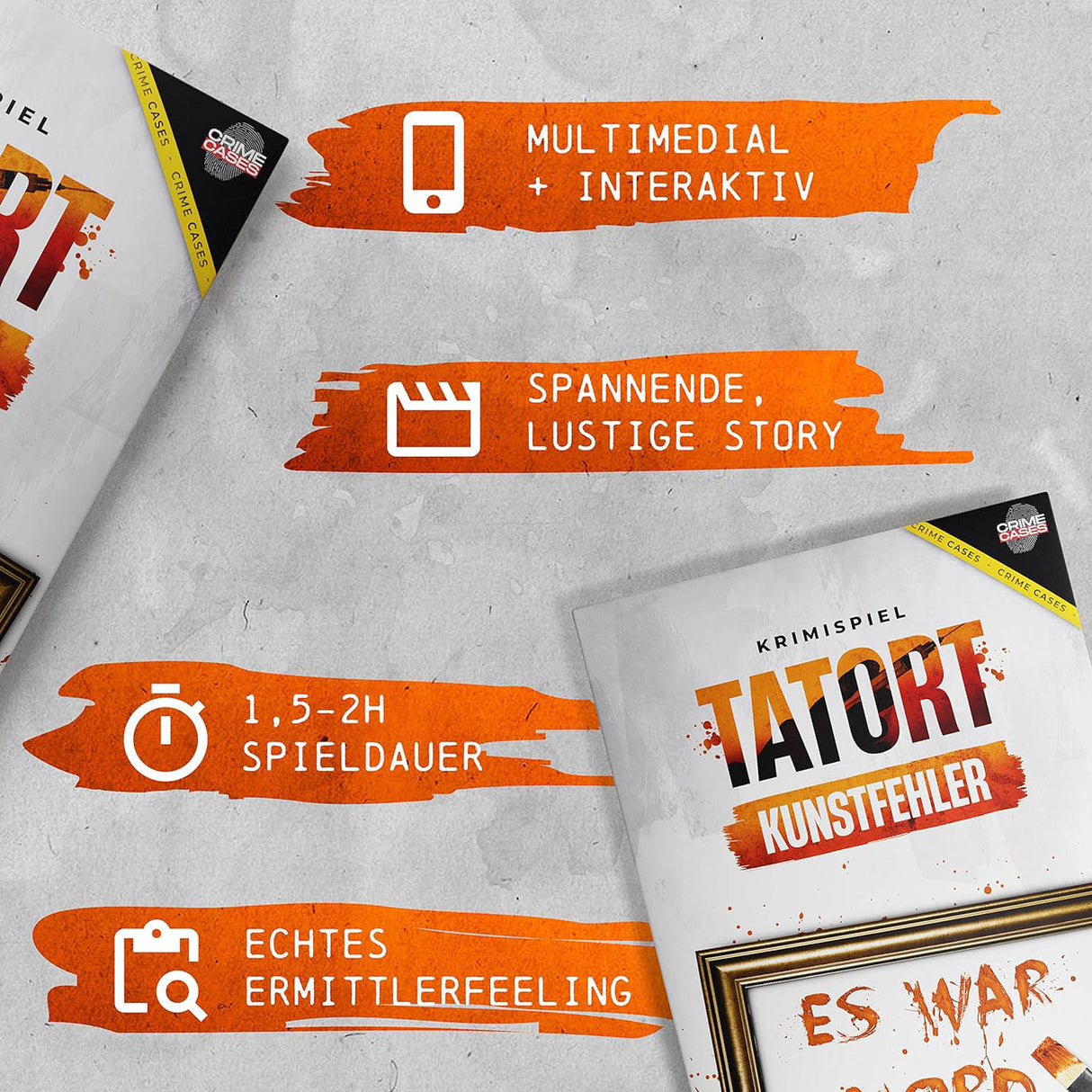 Infografik mit Spieleigenschaften wie Spieldauer und interaktiven Elementen für das Krimispiel Tatort Kunstfehler