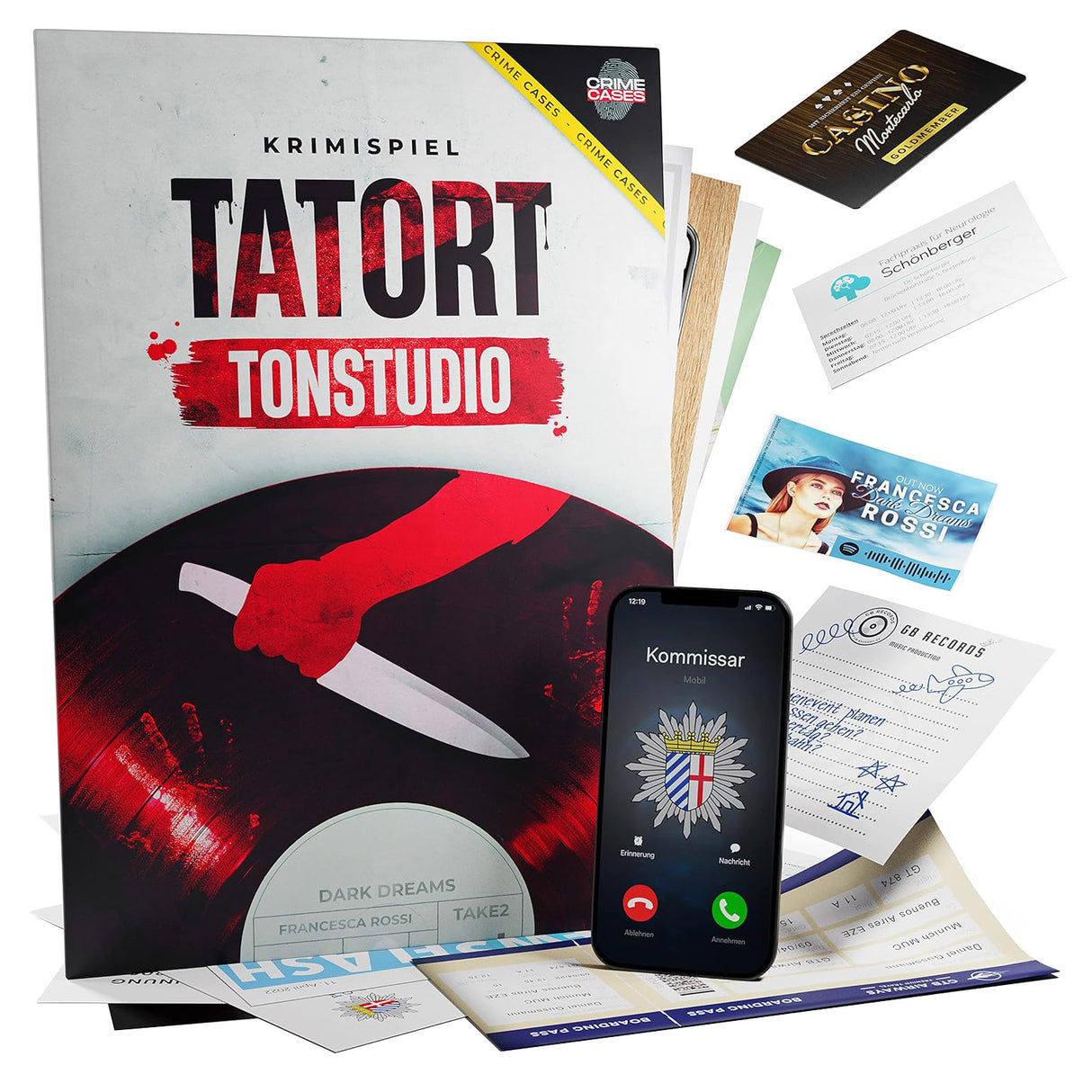 Krimispiel Tatort Tonstudio mit Spielmaterial wie Visitenkarten, Smartphone und Bordkarten