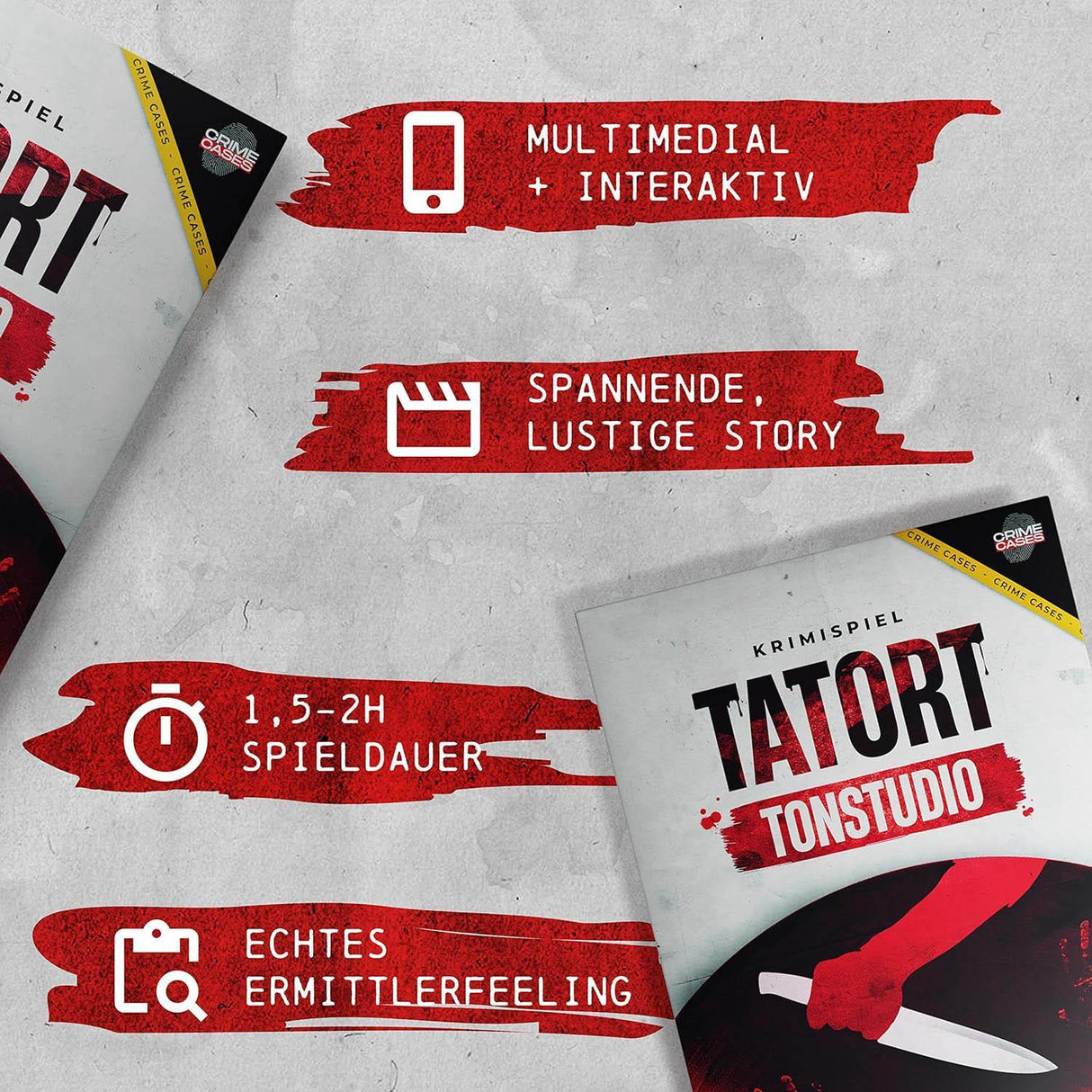 Infografik mit Spieleigenschaften wie multimedial interaktiv spannende Story Spieldauer und Ermittlerfeeling