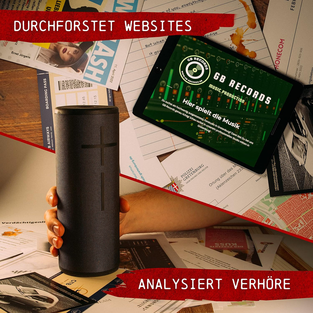 Hand haelt Bluetooth Lautsprecher vor einem Tablet mit GB Records Webseite auf einem Tisch mit Dokumenten