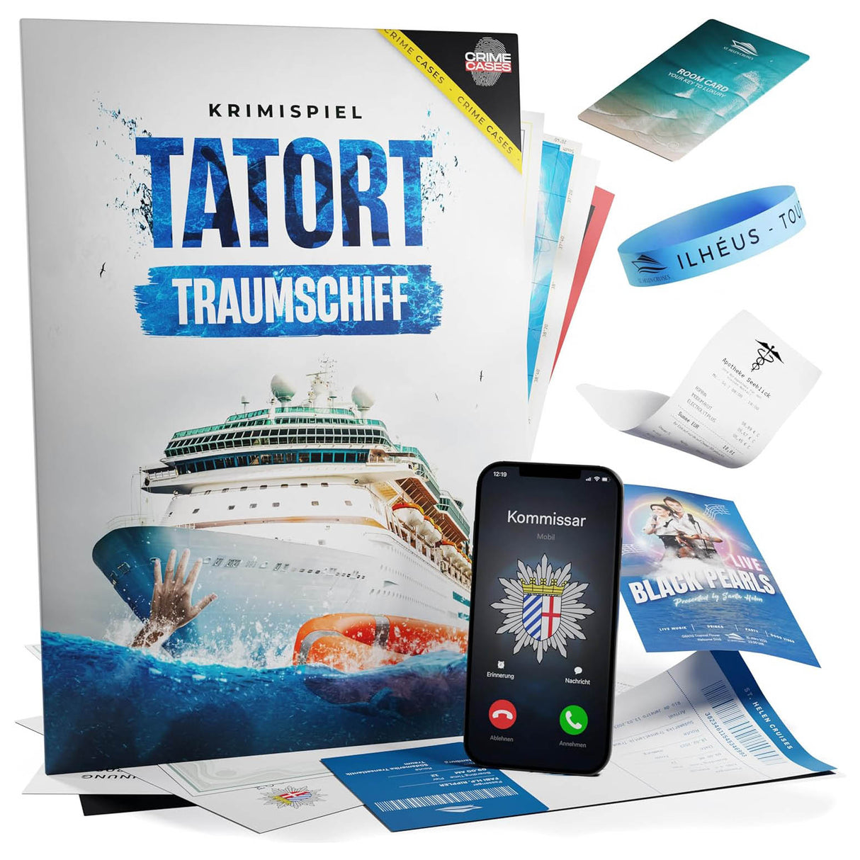 Krimispiel Tatort Traumschiff mit Spielmaterial wie Bordkarte Armband Kassenbon und Smartphone
