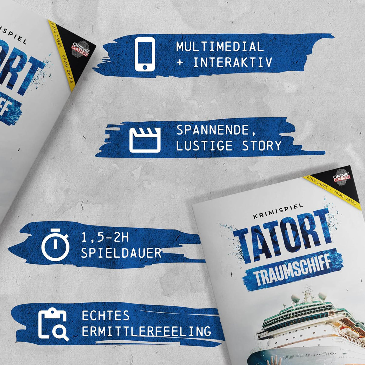 Infografik mit Spieleigenschaften für das Krimispiel Tatort Traumschiff