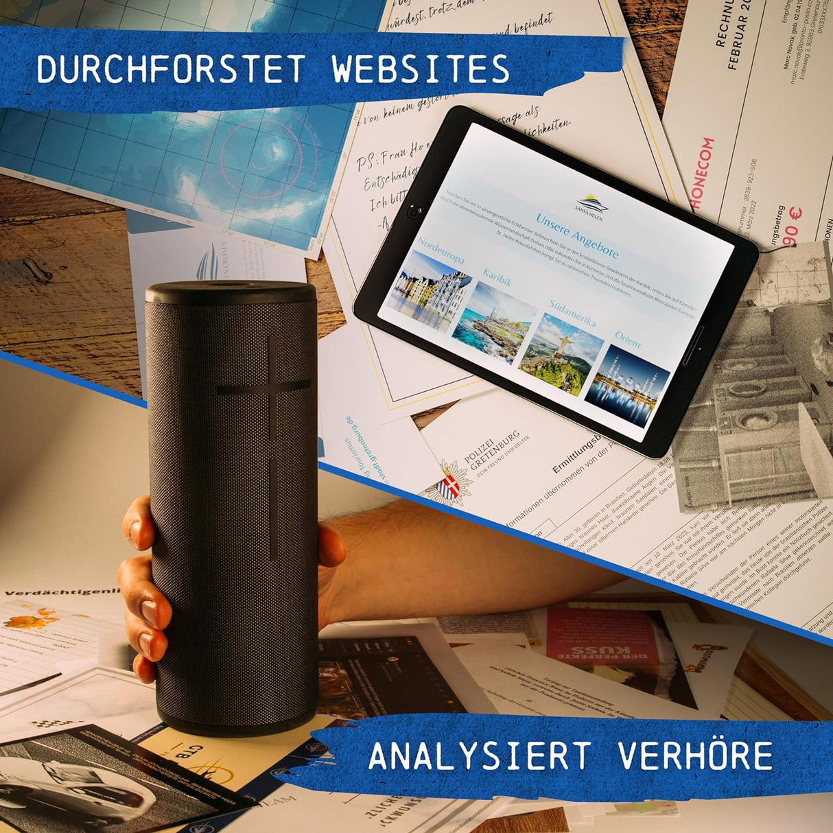 Hand haelt einen schwarzen Lautsprecher ueber einem Tisch mit Dokumenten und einem Tablet