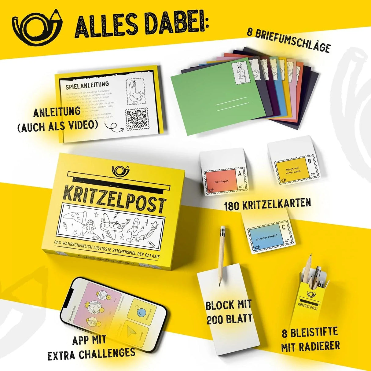 Kritzelpost Spielset mit Spielanleitung, Briefumschlägen, Kritzelkarten, Block, Bleistiften und App