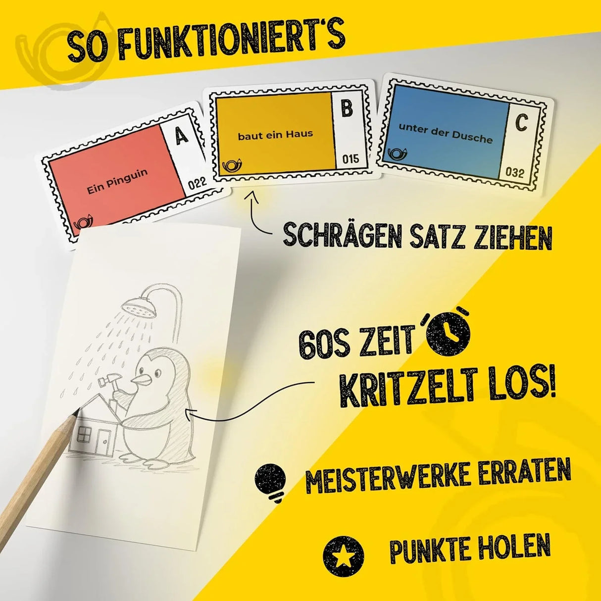 Anleitung zum Spiel mit drei Karten und einer Zeichnung eines Pinguins, der ein Haus unter der Dusche baut