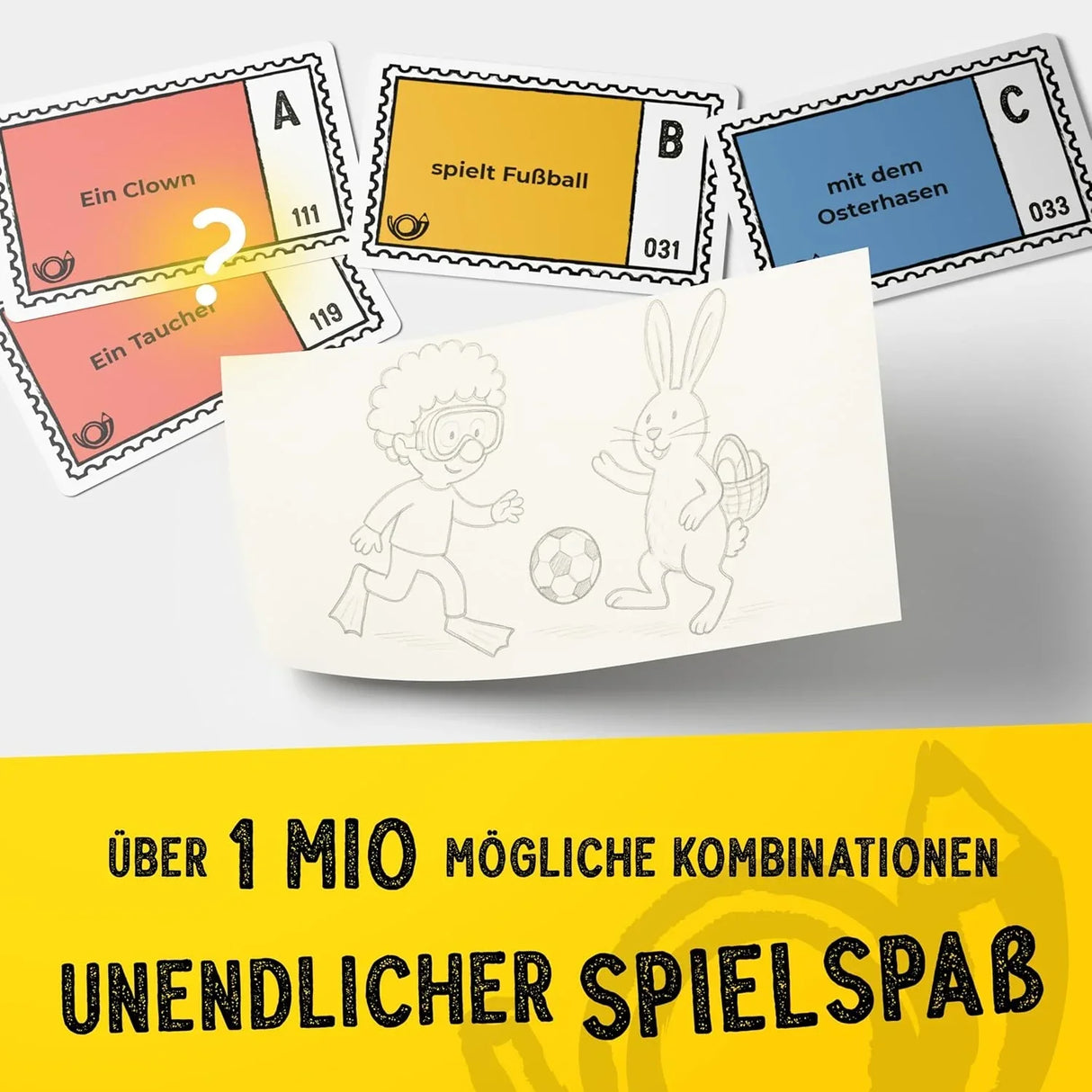 Spielkarten mit Text Ein Clown, Ein Taucher, spielt Fußball, mit dem Osterhasen und Skizze Taucher und Osterhase
