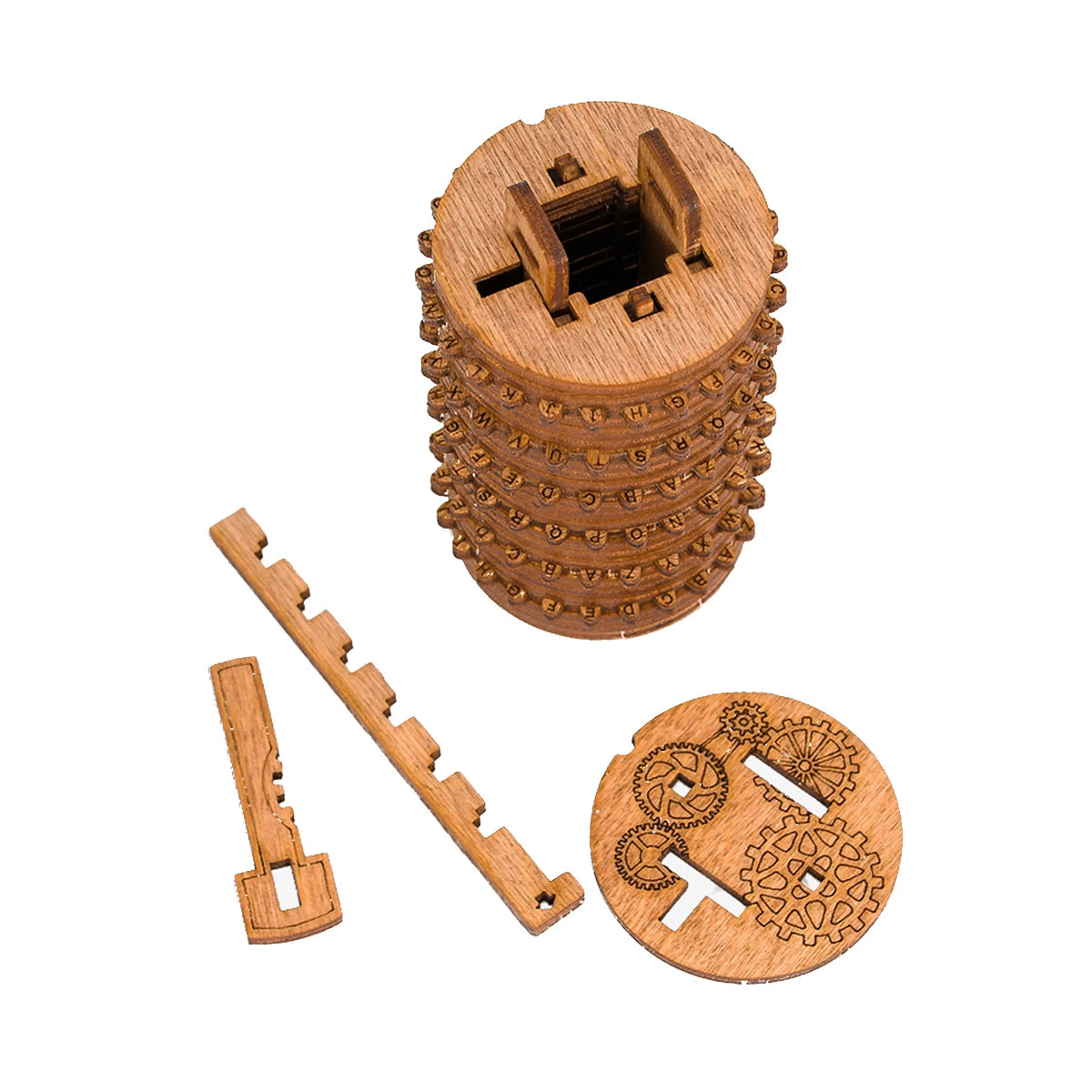 Kryptex Puzzle aus Holz mit Buchstabenringen und Einzelteilen