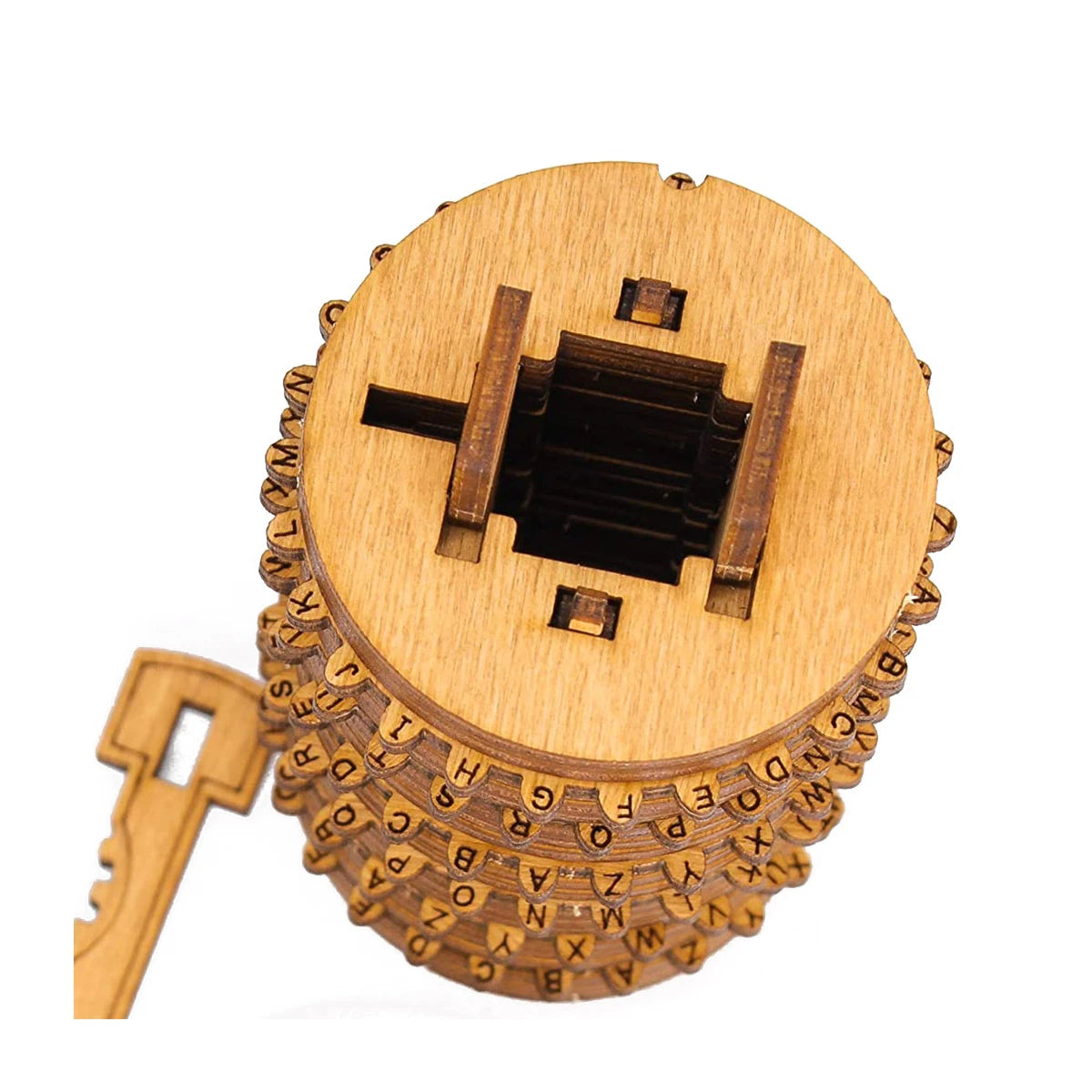 Holz Kryptex Puzzle mit drehbaren Buchstabenringen und passendem Schlüssel