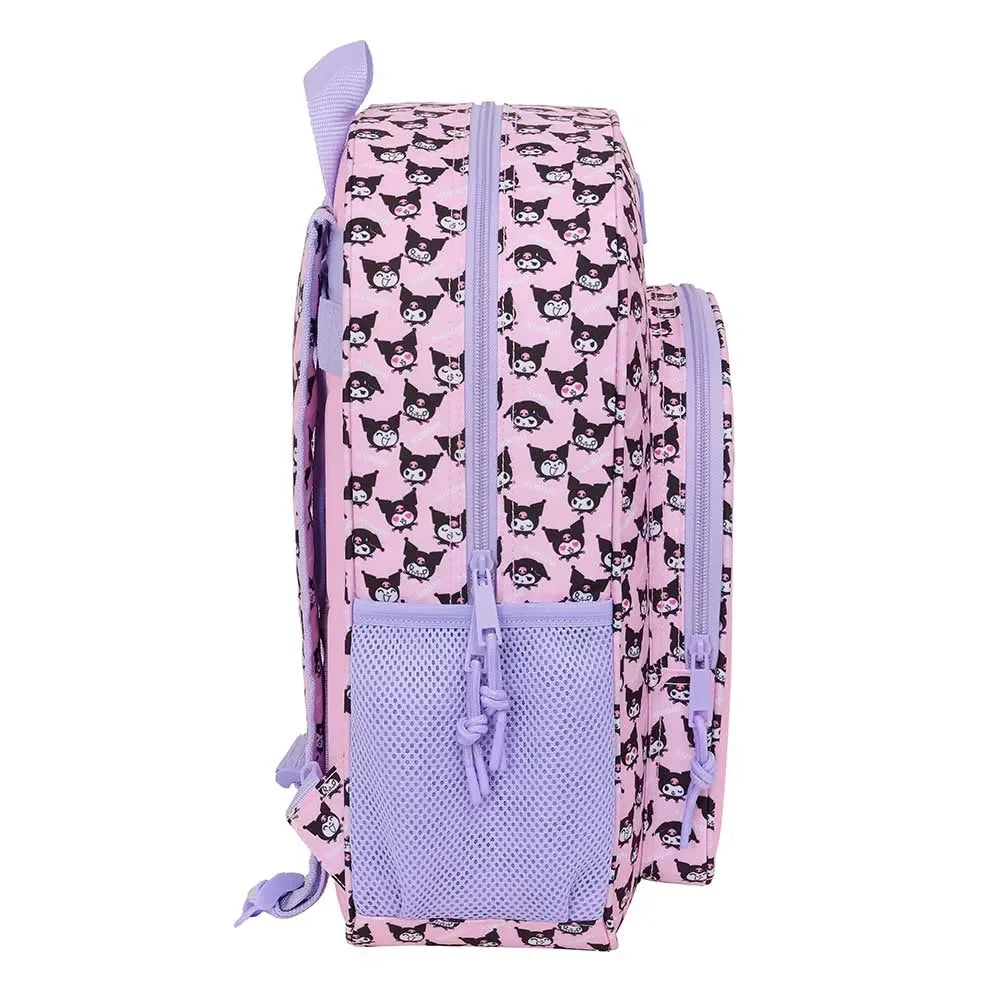Rosa Rucksack mit Kuromi-Muster und lila Reißverschlüssen und Netztasche