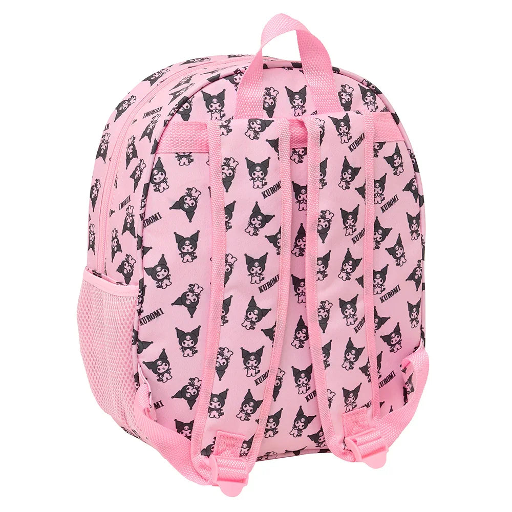 Rosa Rucksack mit schwarzem Kuromi-Muster und verstellbaren Trägern